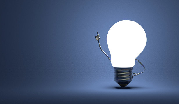 Light bulb character in moment of insight on blue