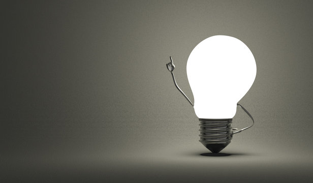Light bulb character in moment of insight on gray