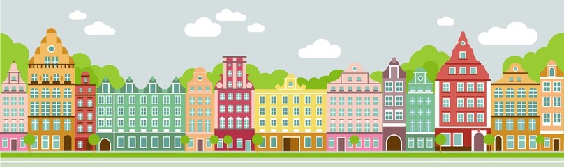 Seamless colorful panoramic town in european style