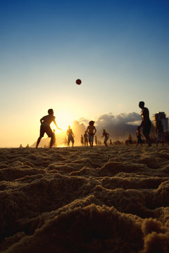 Rio Sunset Silhouettes Playing Altinho Beach Football Brazil