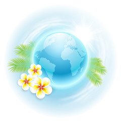 Concept travel illustration with globe, flowers and palm leaves
