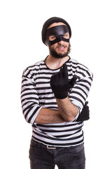 Crafty criminal inviting with hand