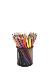 Color pencils in metal basket isolated white background