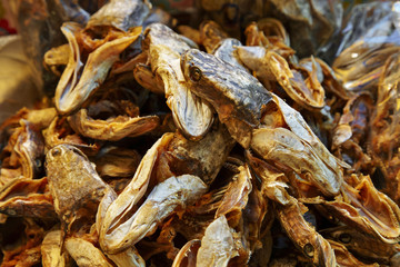close up many dry fish head in thailand