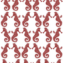 Seamless sea pattern with black sea horses on a white background