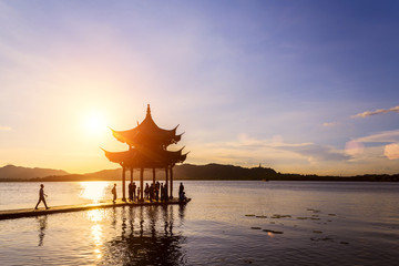 pavilion at nightfall,the west lake in hangzhou,China