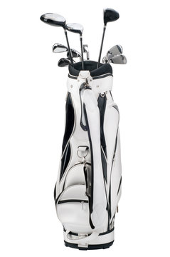 Golf clubs in white and black bag isolated on white background