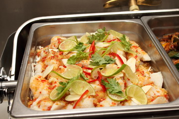 Seabass with seafood sauce.