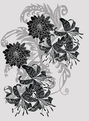 grey decoration with black lily and chrysanthemum flowers
