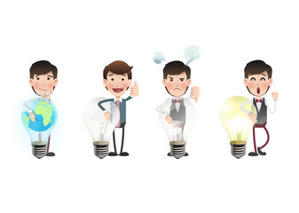 Business people holding bulbs over white background
