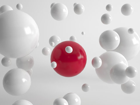Single red ball amongst floating white balls