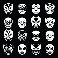 Lucha libre Mexicaanse worstelen witte maskers pictogrammen op zwart