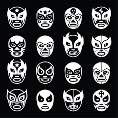 Papier Peint photo Crâne Icônes de masques blancs de lutte mexicaine de Lucha libre sur le noir