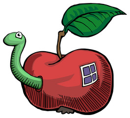 Cartoon worm coming out of an apple