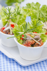 Fried century egg Salad or Yum. Thaifood