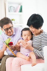 chinese grandparents reading story book to grand daughter