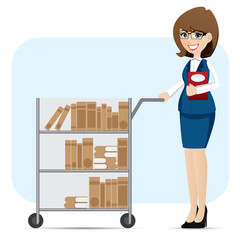 cartoon girl librarian with book trolley