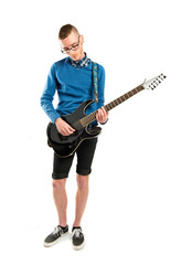 Young man playing guitar over white background
