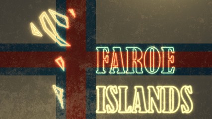 neon shining outline map of faroe islands on flag backdrop 