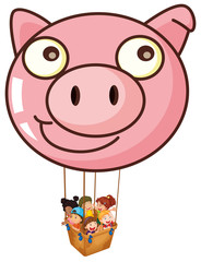 A pig balloon carrying a basket with kids