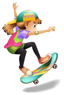 A lady with a colourful skateboard