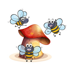 A big mushroom plant with three bees