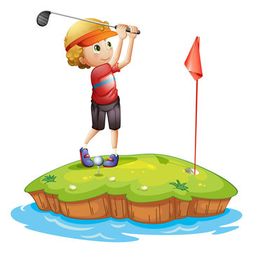 An island with a boy playing golf