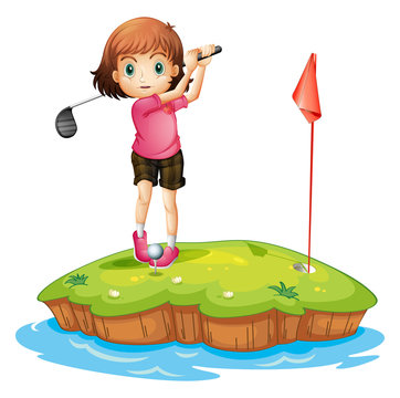 An island with a girl playing golf