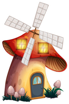 A mushroom house with a windmill
