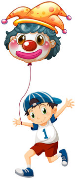 A boy holding a clown balloon