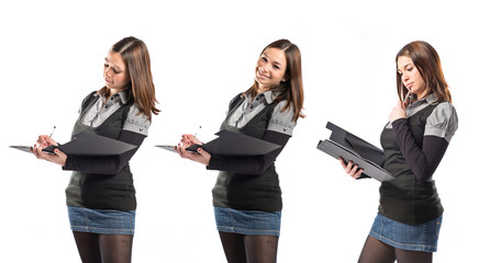 Young student writing over isolated white background