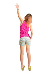 Stand back girl over white background