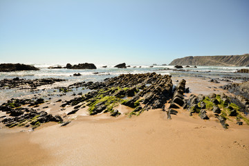 Fototapeta na wymiar Praia da Arrifana, Coastline at low tide, Algarve Portugal