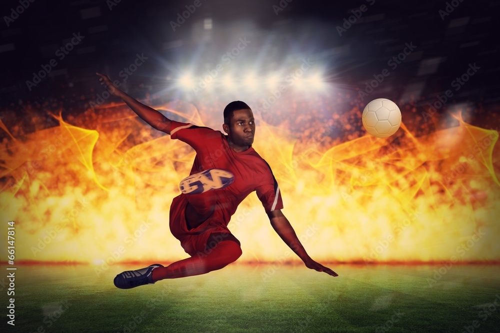 Poster composite image of football player in red kicking