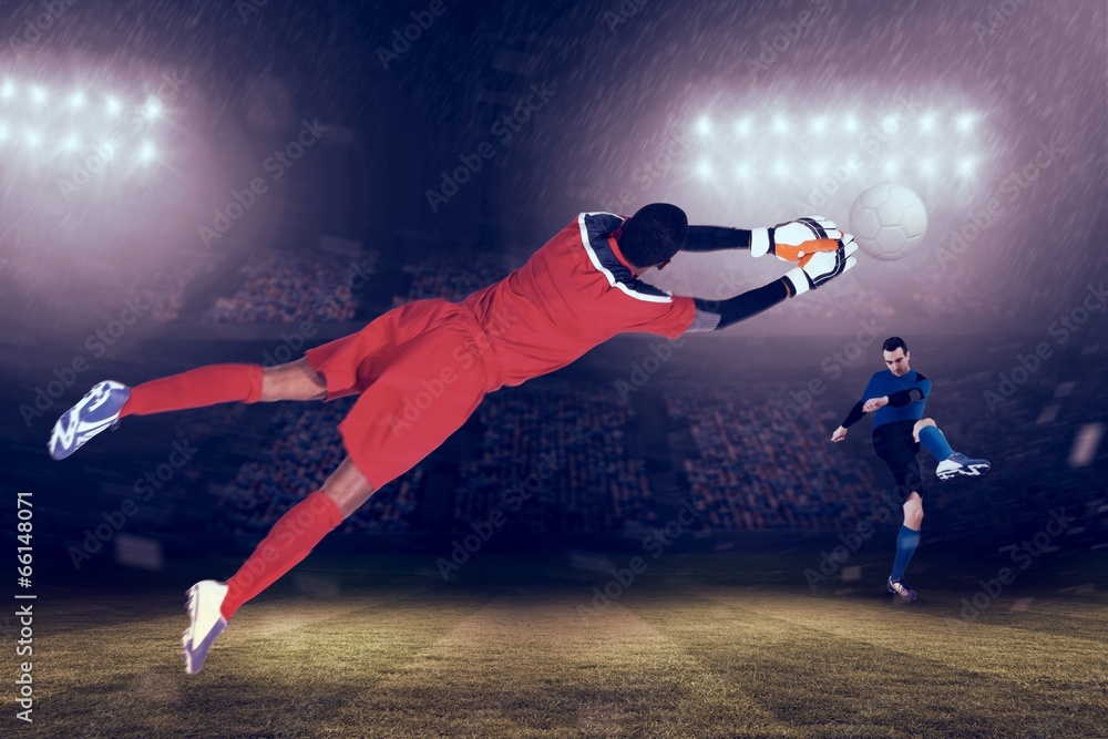 Poster composite image of goalkeeper in red making a save