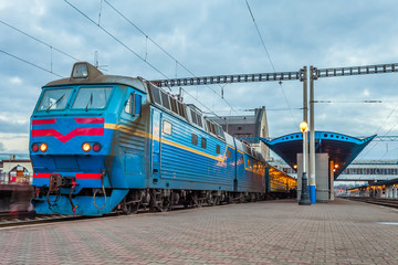 The train at the railway station in evening