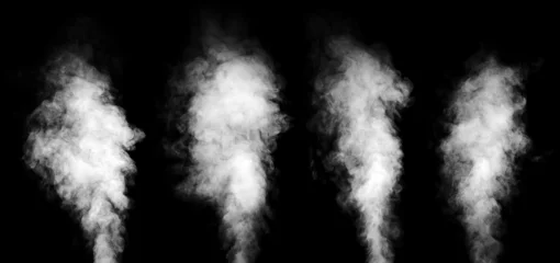 Wall murals Smoke Set of real white steam isolated on black background with visible droplets.