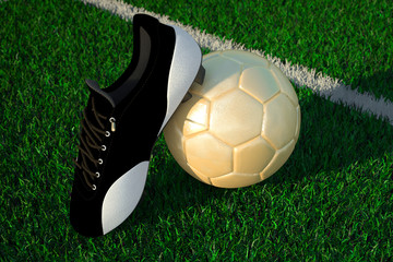 Soccer ball on field and soccer shoe