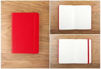 Set of red open and closed notebooks on the table.