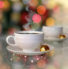 still life with cups of hot coffee