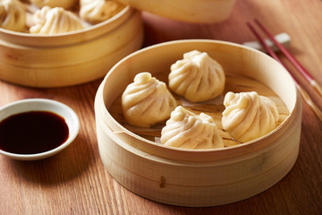 Baozi chinese dumplings on steamer