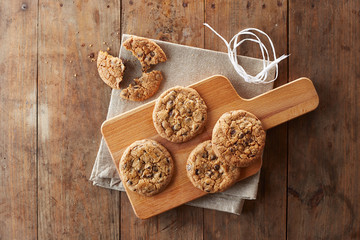 Chocolate chip cookies on wooden table