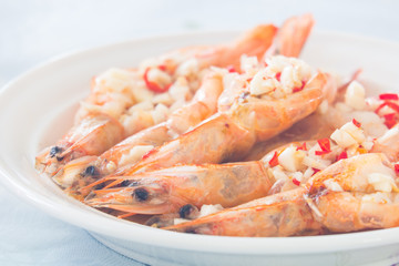 cooked prawn with the chili and garlic on top
