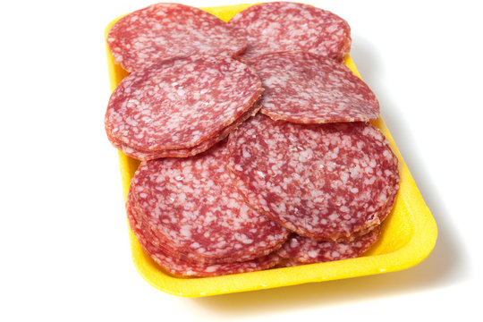 Salami background with many pieces