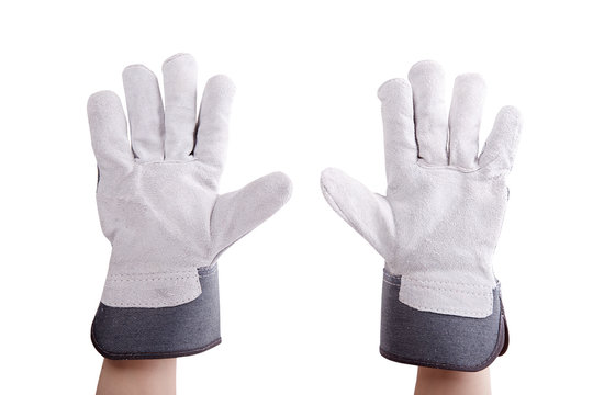 Worker wearing leather work gloves