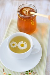 Herbal tea and  a jar of honey