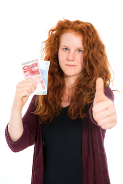girl with euros and thumb up