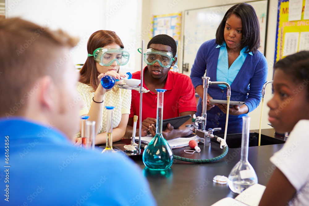 Wall mural pupils carrying out experiment in science class