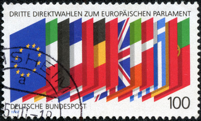 stamp printed in Germany shows the flags of the EU