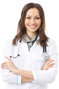 Happy smiling female doctor, over white